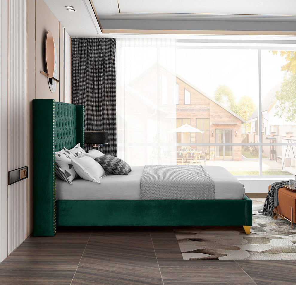 Barolo Velvet Upholstered Bed, Green, Full