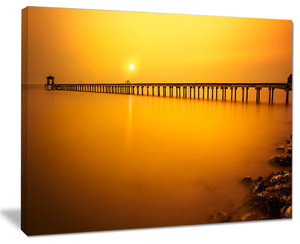 "Yellow Tinged Seashore And Long Pier" Sea Pier and Bridge Wall Art, 40"x30"