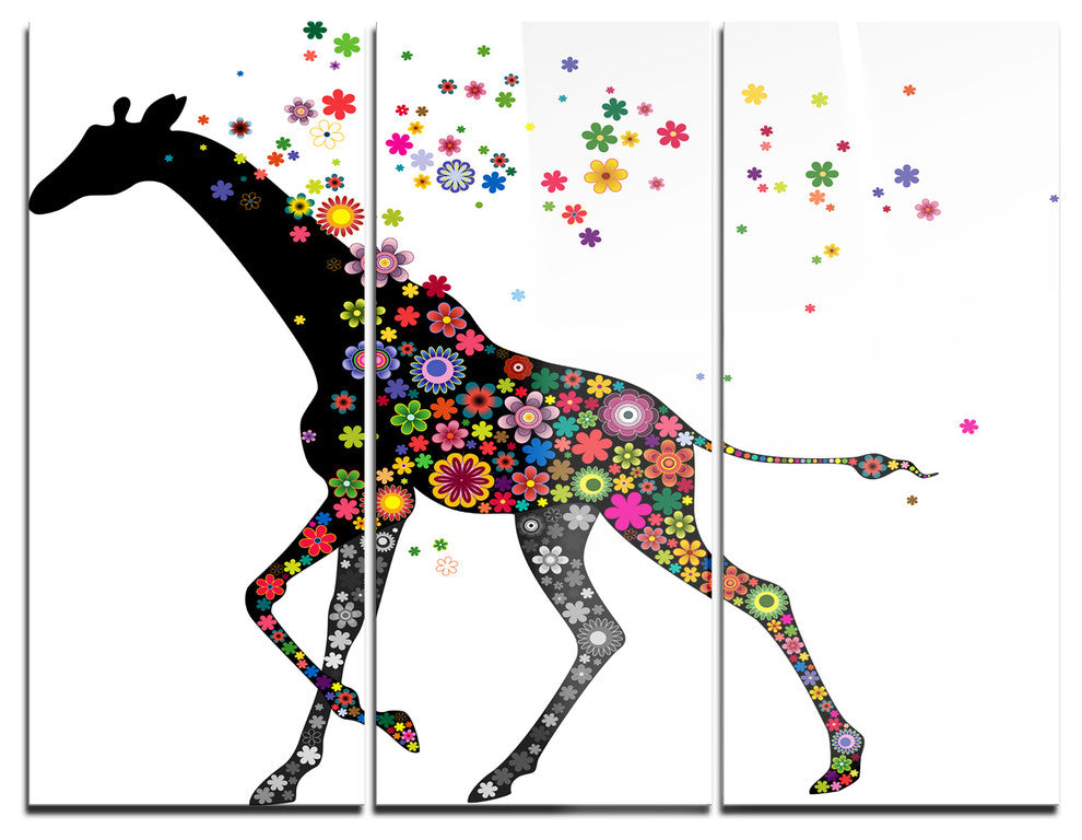 "Cheerful Giraffe Running" Digital Metal Wall Art, 3 Panels, 36"x28"