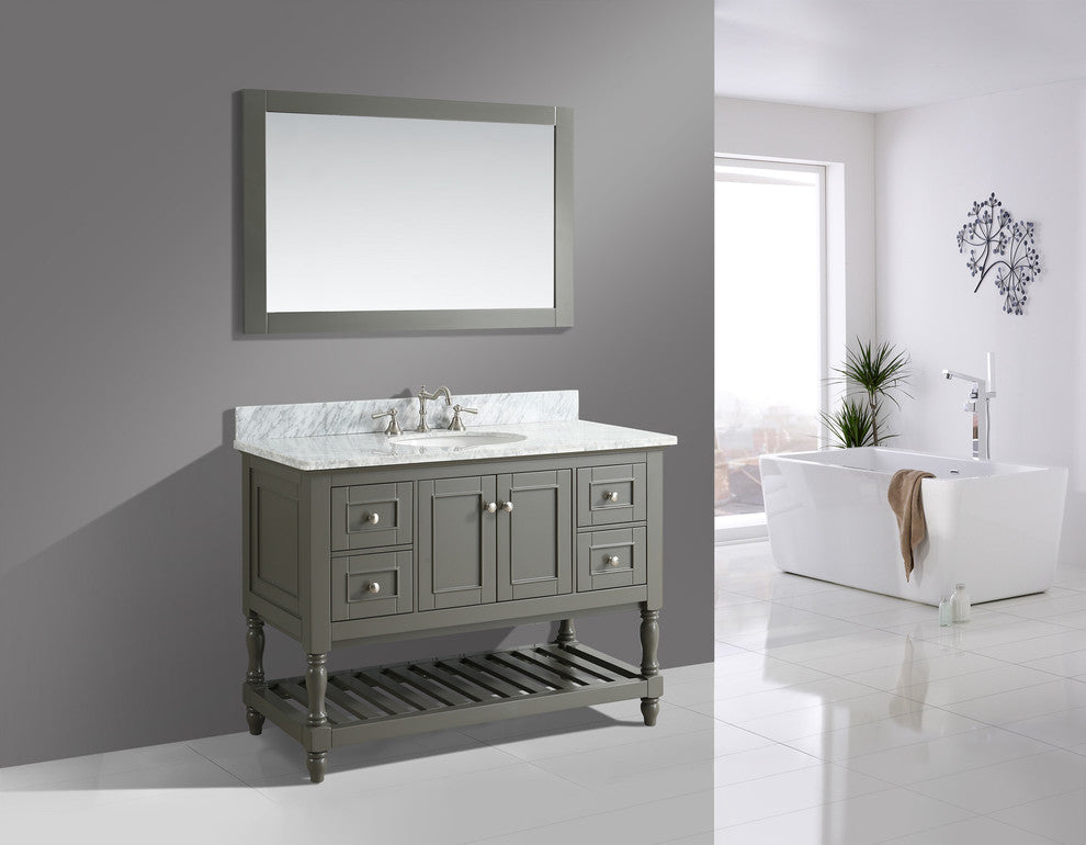 Silvia Bathroom Sink Vanity Set, White Marble Top, Base: Distressed Gray, 48"