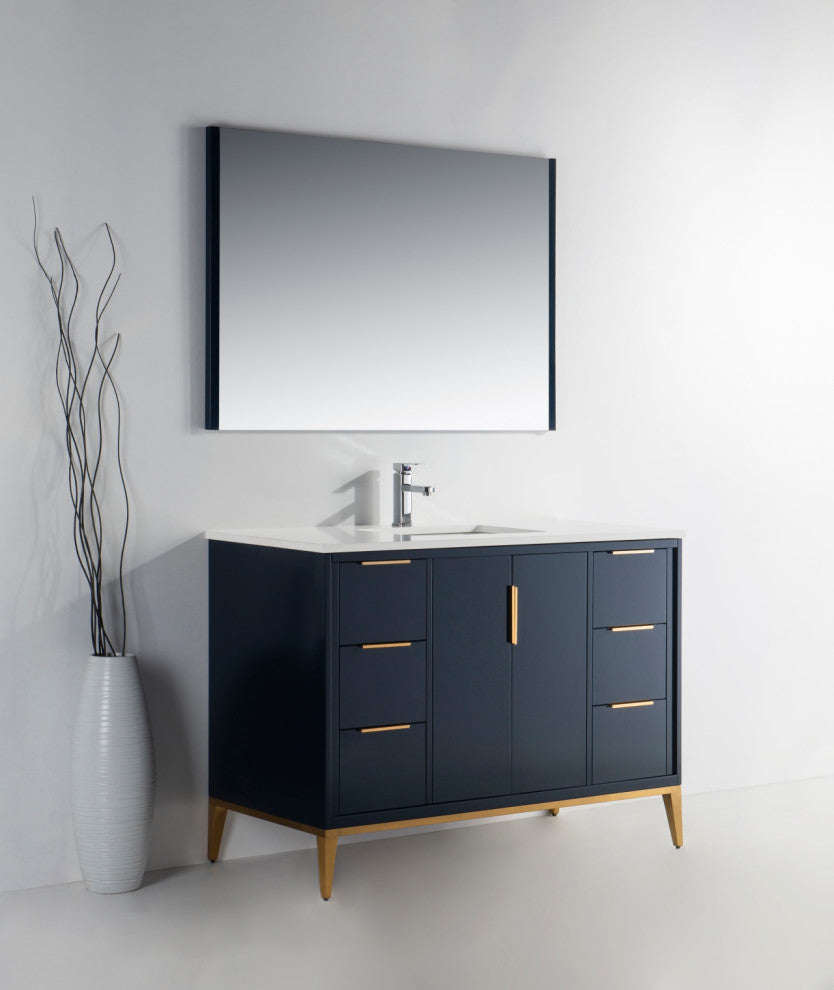 DIVANI 48" Vanity WithQuartz Counter Top, Gloss White, Navy Blue