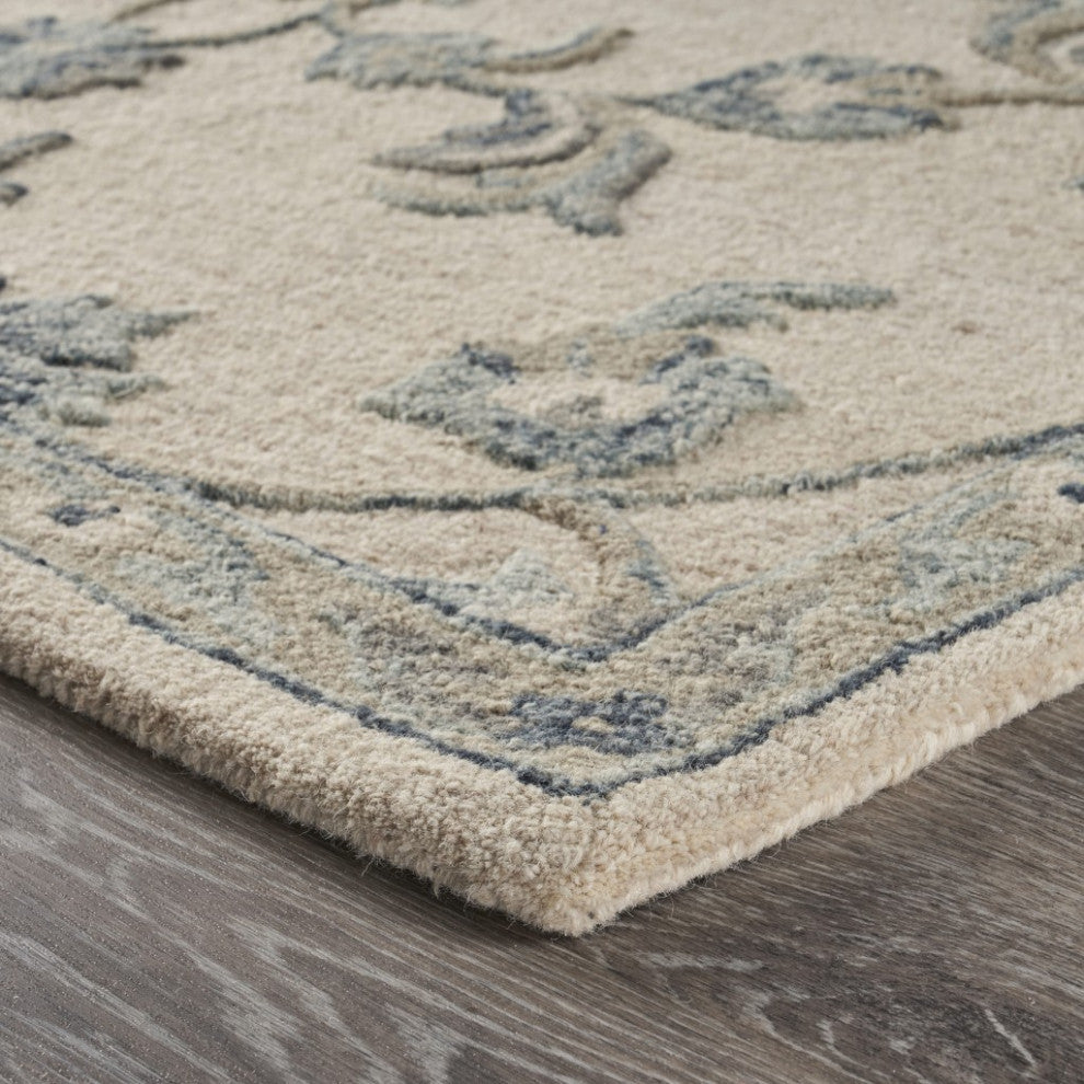 7" x 9' Beige and Blue Filigree Area Rug