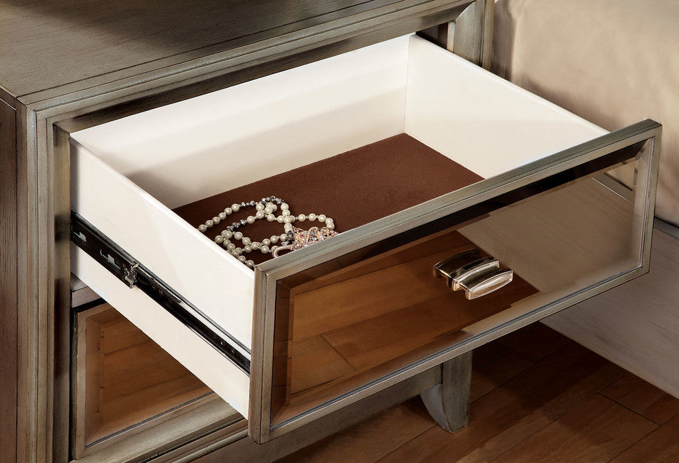 Benzara BM182943 Contemporary Solid Wood Night Stand With Drawers, Silver