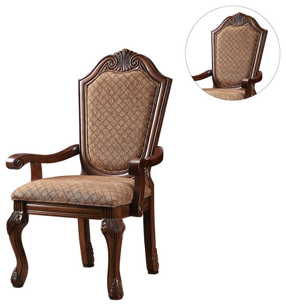 Set of 2 Fabric Upholstered Dining Armchair, Cherry Finish