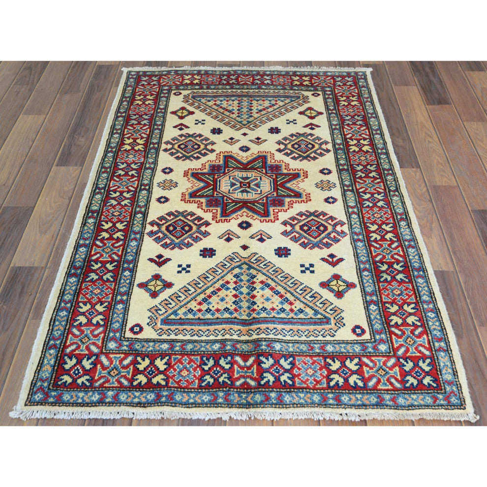 Afghan Special Kazak, Shiny Wool, Hand Knotted, Ivory, Oriental Rug, 3'0" x 4'8"
