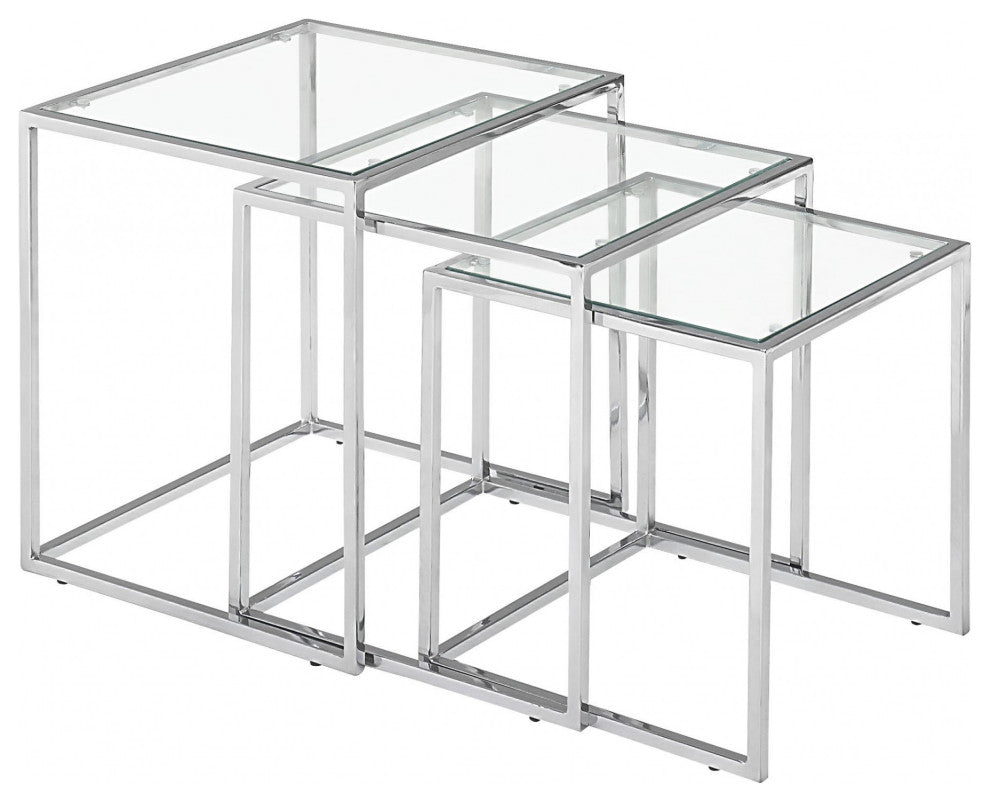 Set of Three Silver and Glass Nesting Tables