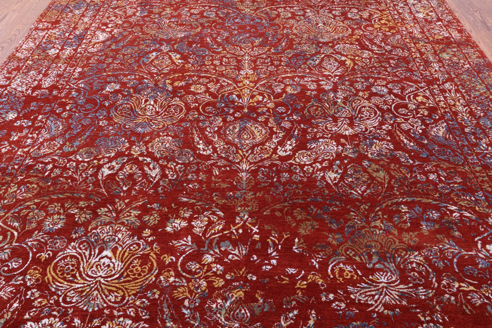 9' 1" X 12' 2" Modern Hand Knotted Wool and Silk Rug Q11353
