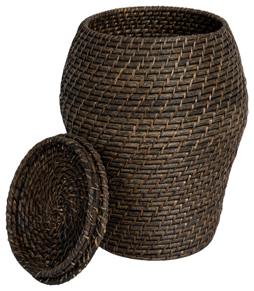 Rattan Wicker Storage Basket With Lid, Washed Black Finish, Set of 2