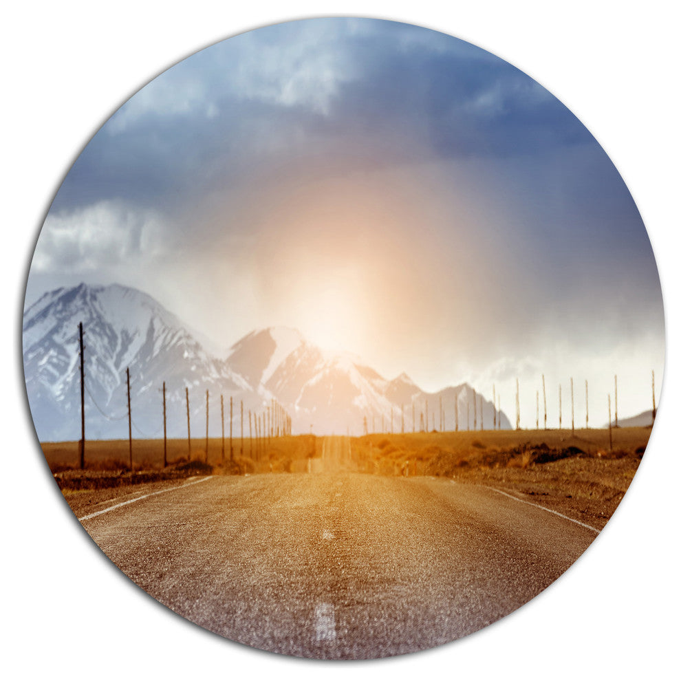 Straight Road Under Blue Sky, Landscape Wall Disc Metal Wall Art, 23"