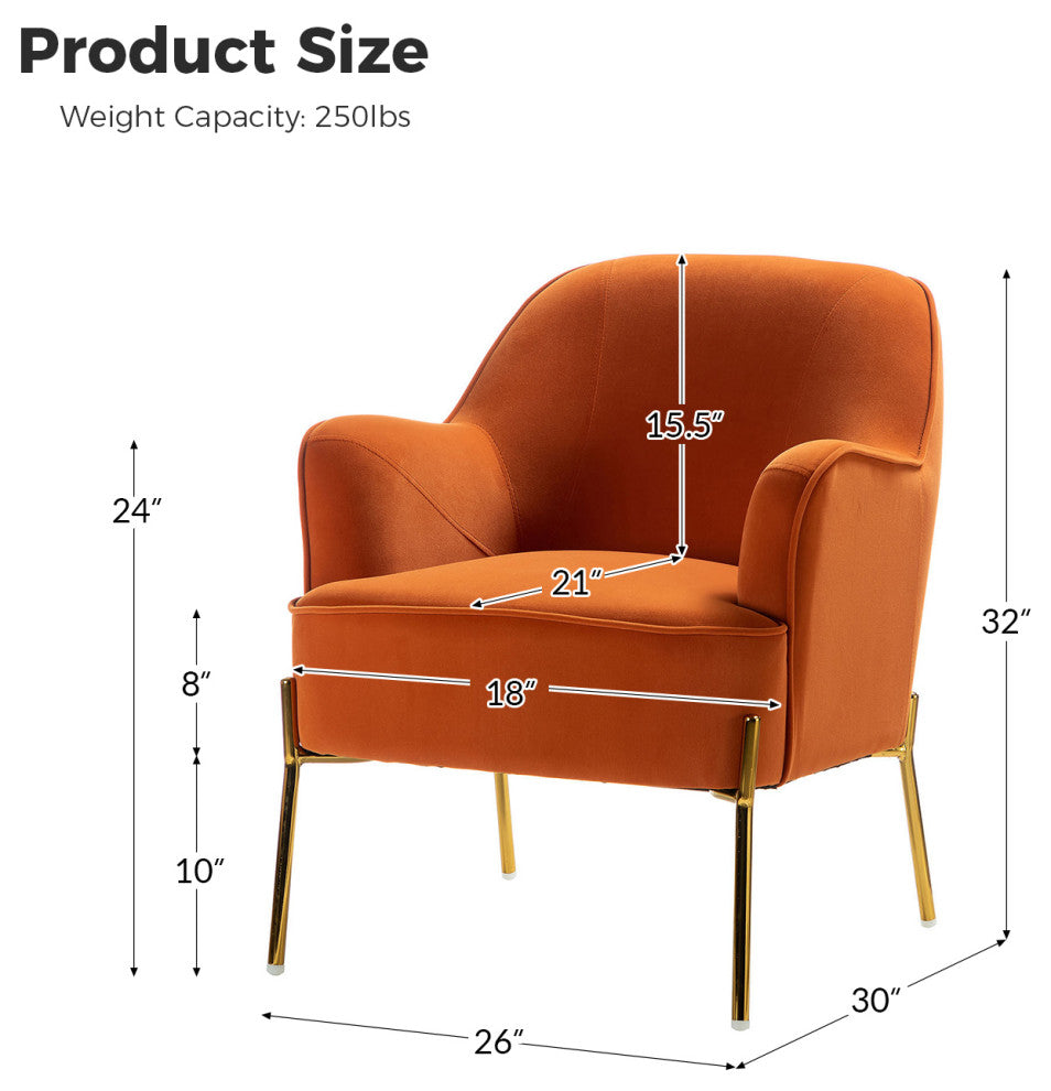 Nora Upholstered Velvet Accent Chair With Golden Base Set of 2, Orange