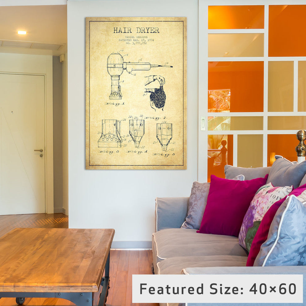 "Hair Dryer Vintage Patent Blueprint" by Aged Pixel, 40x26x1.5, 1-Piece