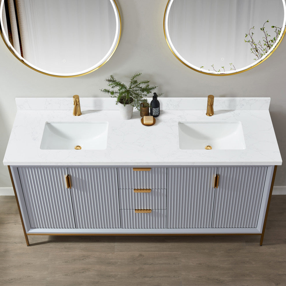 Malaga Composite Stone Vanity Top With Ceramic Sink, Grain White, 73"