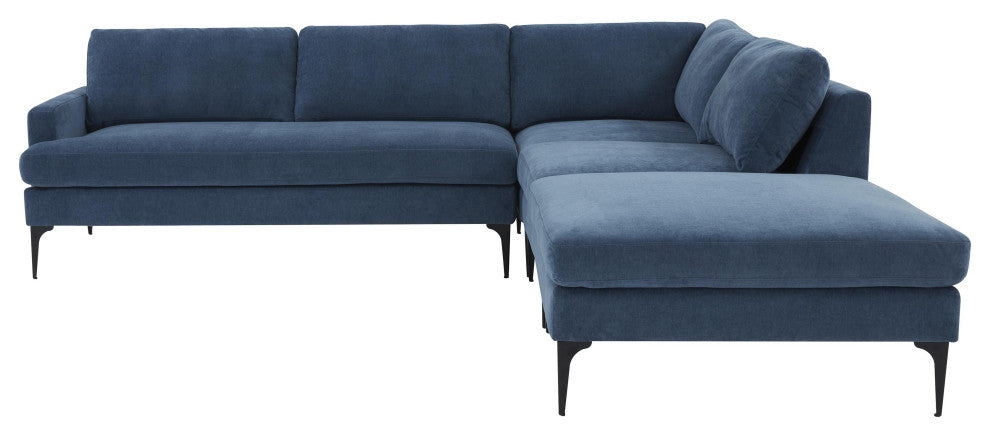 Serena Blue Velvet Large Right Arm Facing Chaise Sectional With Black Legs