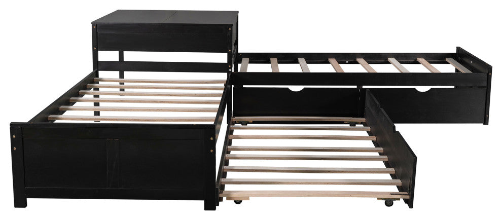 Twin Wood Frame Platform Bed with Trundle and Drawers Linked with built-in Desk,
