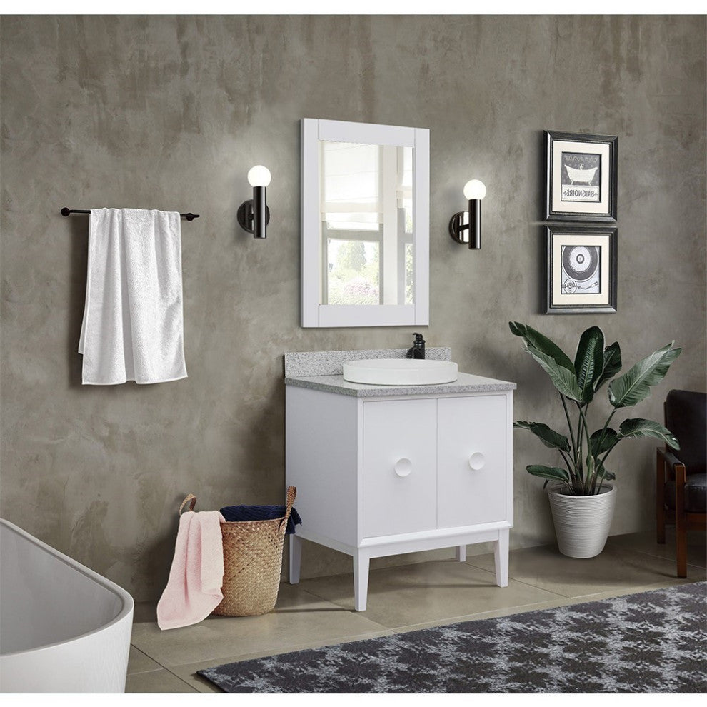 31" Single Vanity, White Finish With Gray Granite Top And Round Sink