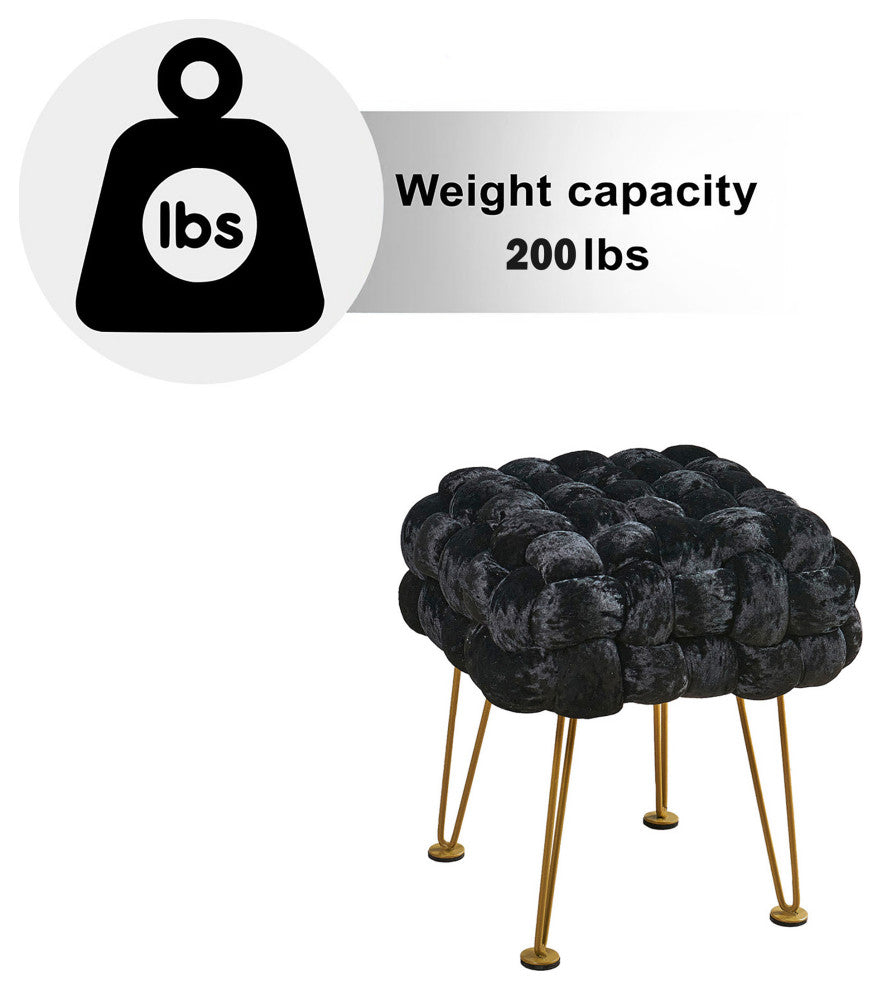 Crushed Velvet Pouf Stool, Jet Black, 16''x16''x16''