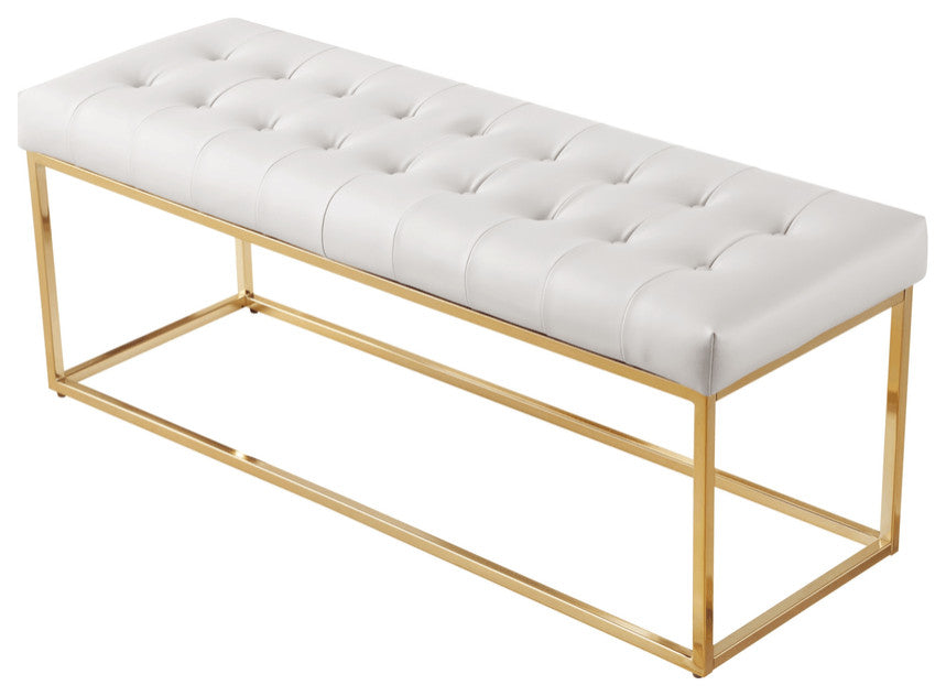 48" White and Gold Upholstered Faux Leather Bench