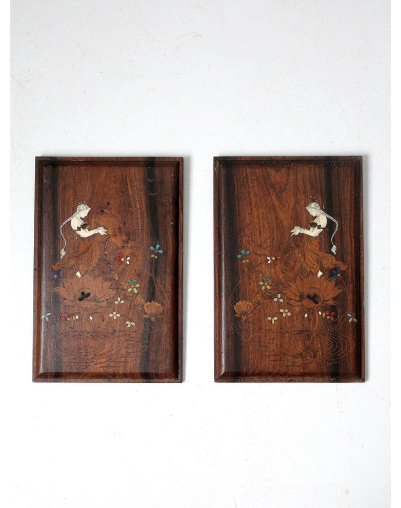 Consigned, Vintage Floral Goddess Etched Wood Plaque Wall Hanging Pair