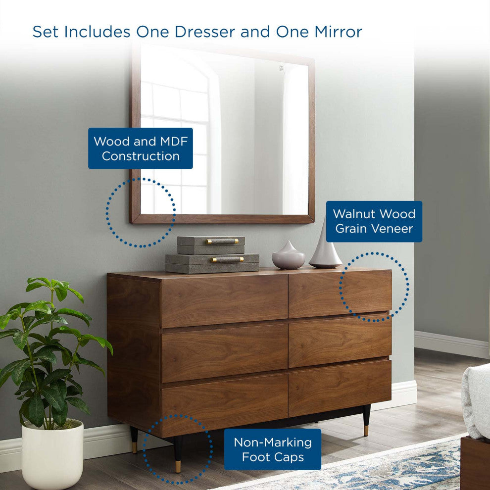 Dresser Drawer Chest Mirror Set, Wood, Brown Walnut, Modern Living Room
