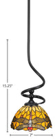 Capri Stem Mini Pendant In Matte Black Finish With 7" Amber Dragonfly Art Glass