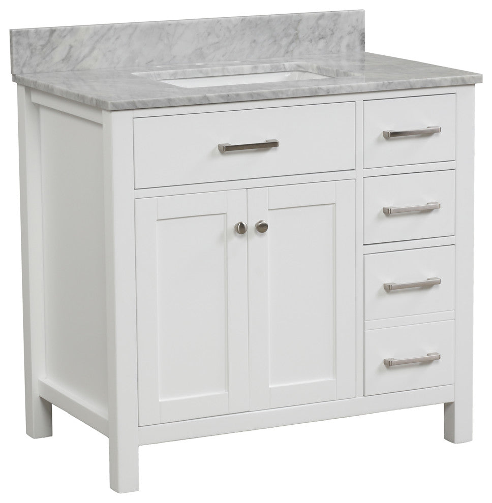 36" W x 22" D x 33" H Bath Vanity, White With Carrara White Marble