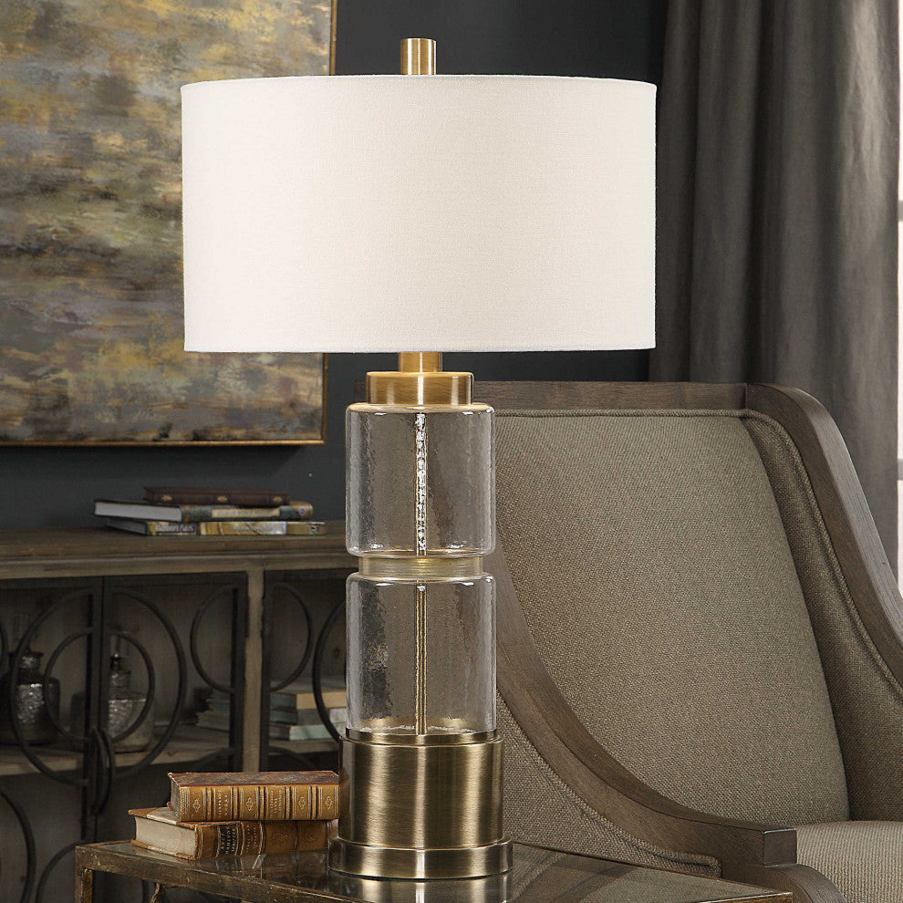 Mid Century Hammered Glass Cylinder Table Lamp, Brass Bronze White Round Clear