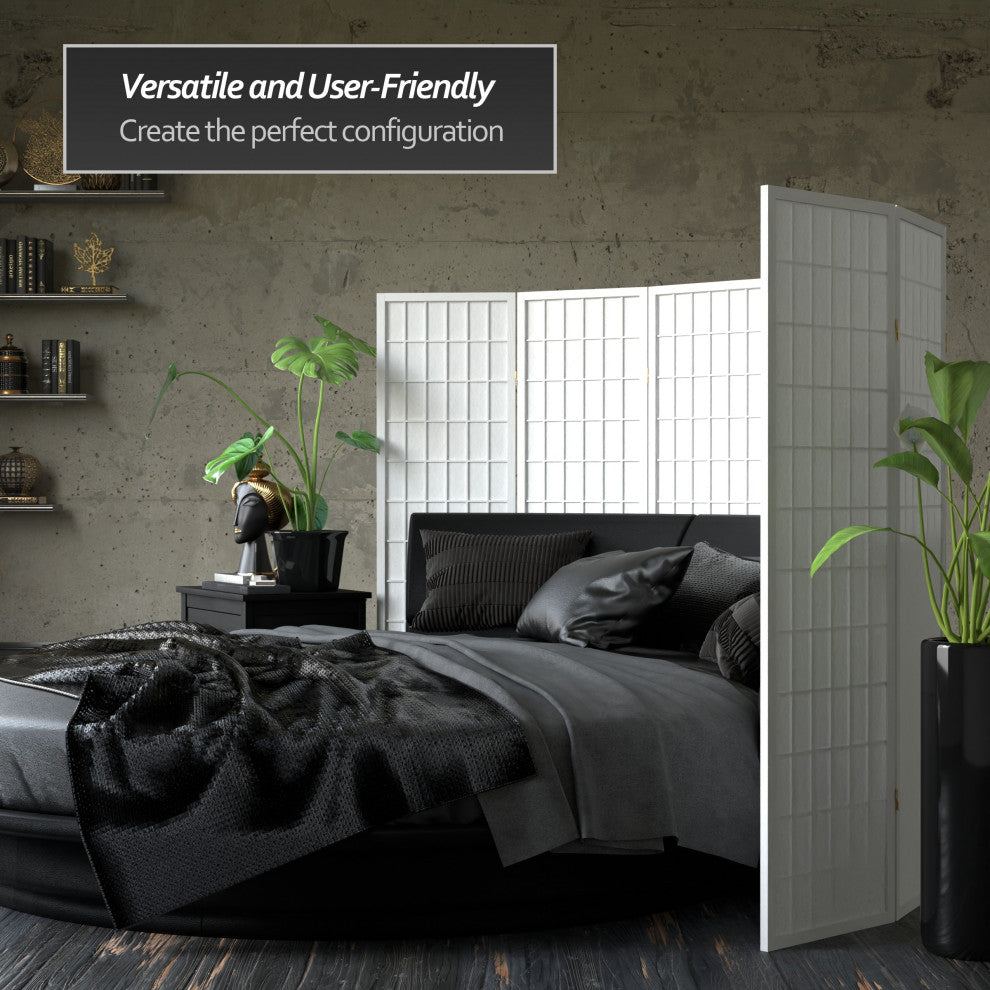 5' Tall Window Pane Shoji Screen, White, 3 Panels
