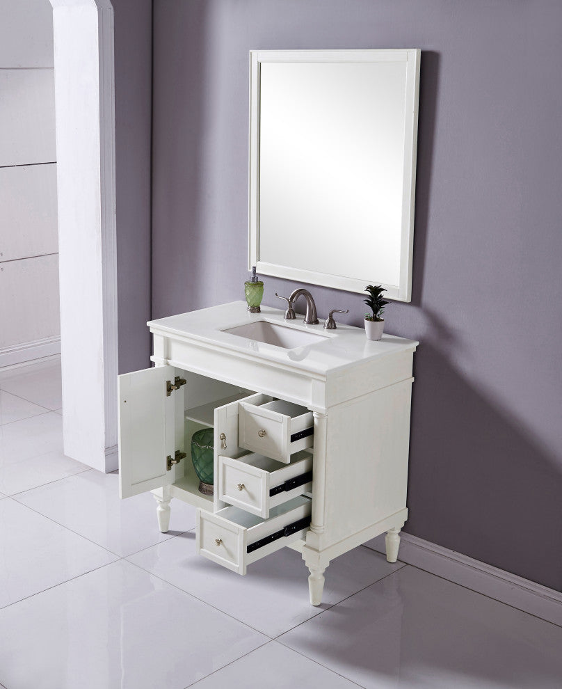 36" Single Bathroom Vanity, Antique White With Ivory White Engineered Marble