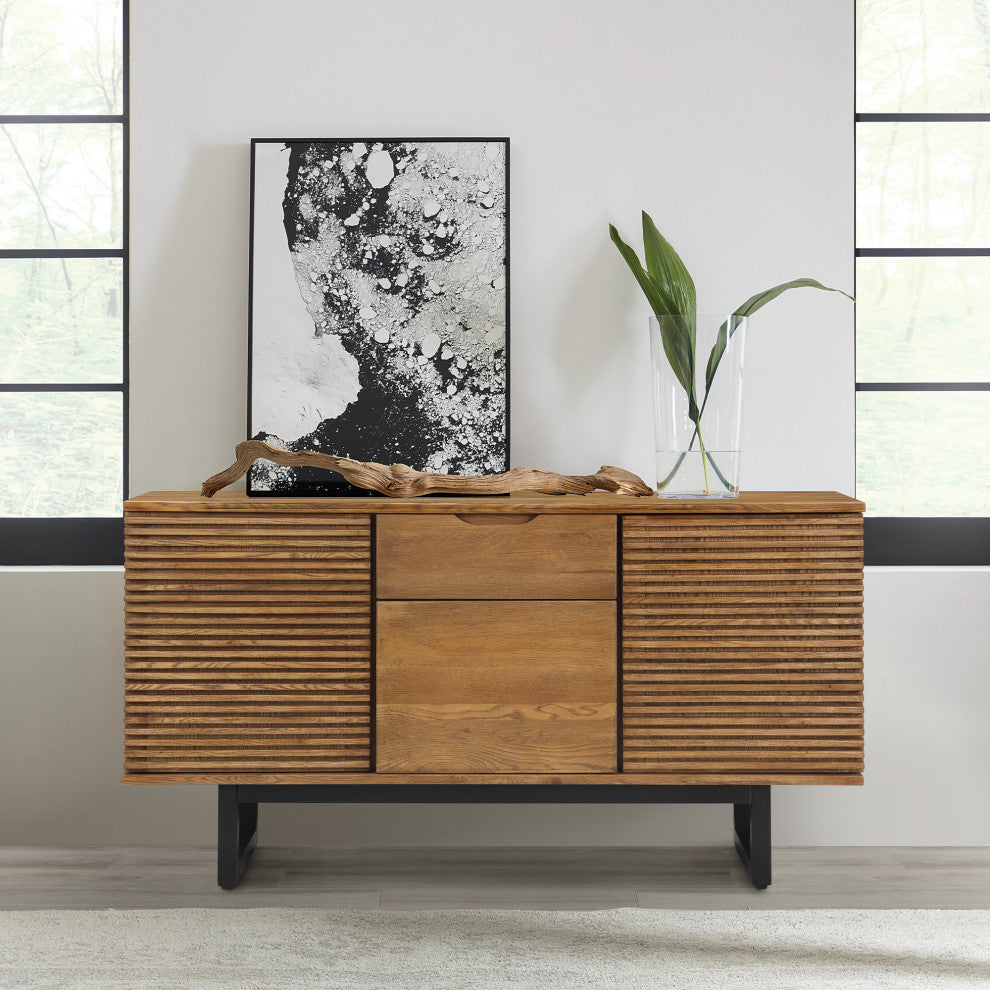 Aldo Brown Oak Sideboard Buffet Cabinet, Brown Oak Wood With Black Metal Legs