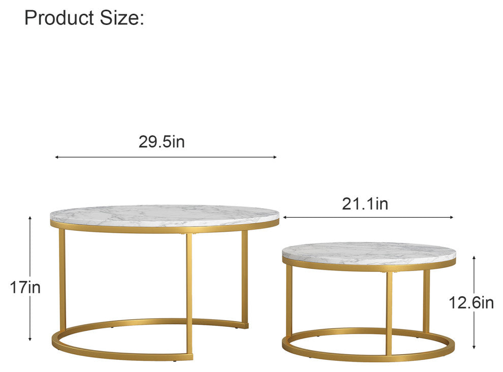 29 .5" Golden Frame Marble Color Top Round Wood Coffee Table, 2-Piece Set