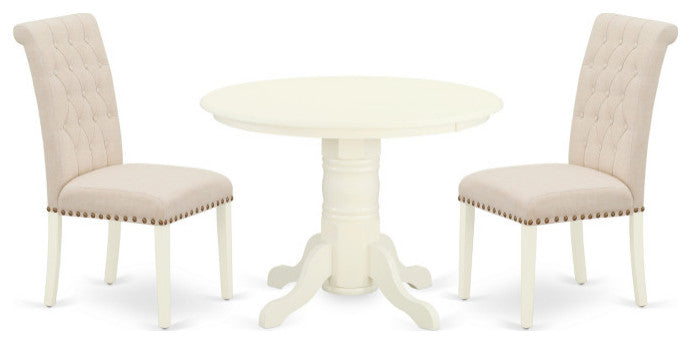3Pc Dinette Set, Round Table, Two Parson Chairs, Light Beige Fabric, White