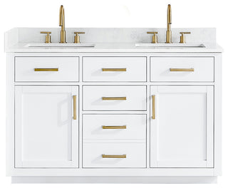Gavino Vanity With Grain White Composite Stone Top, White/Brushed Gold, 54", No Mirror