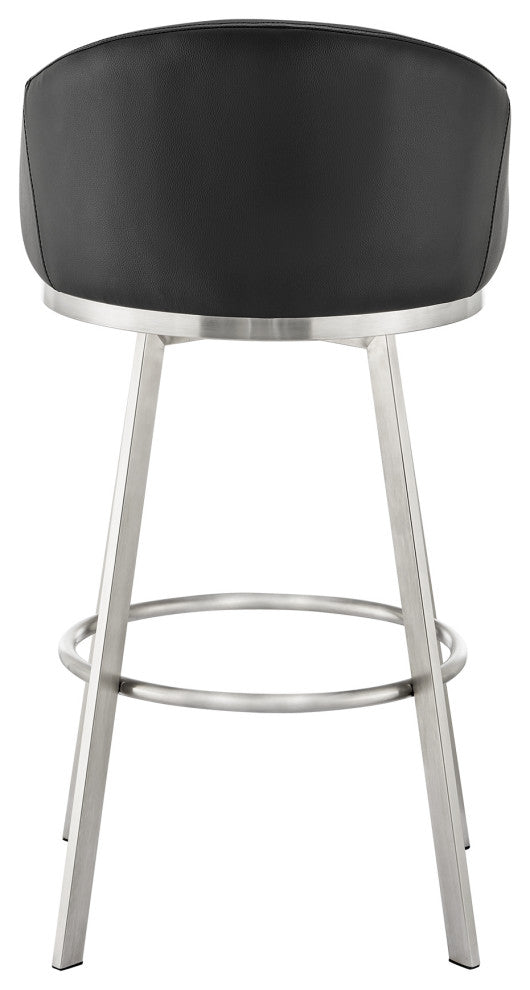 Noran Swivel Bar Stool, Brushed Stainless Steel With Black Faux Leather