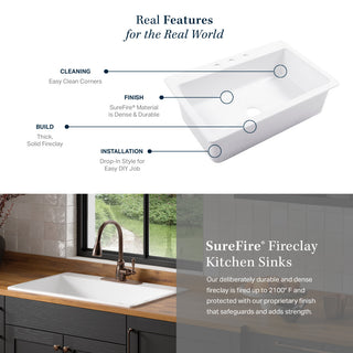Jackson Crisp White Fireclay 33" Single Bowl Drop-In Kitchen Sink with 3 Holes