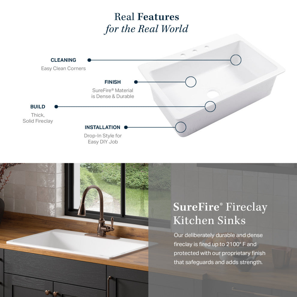 Jackson Crisp White Fireclay 33" Single Bowl Drop-In Kitchen Sink with 3 Holes