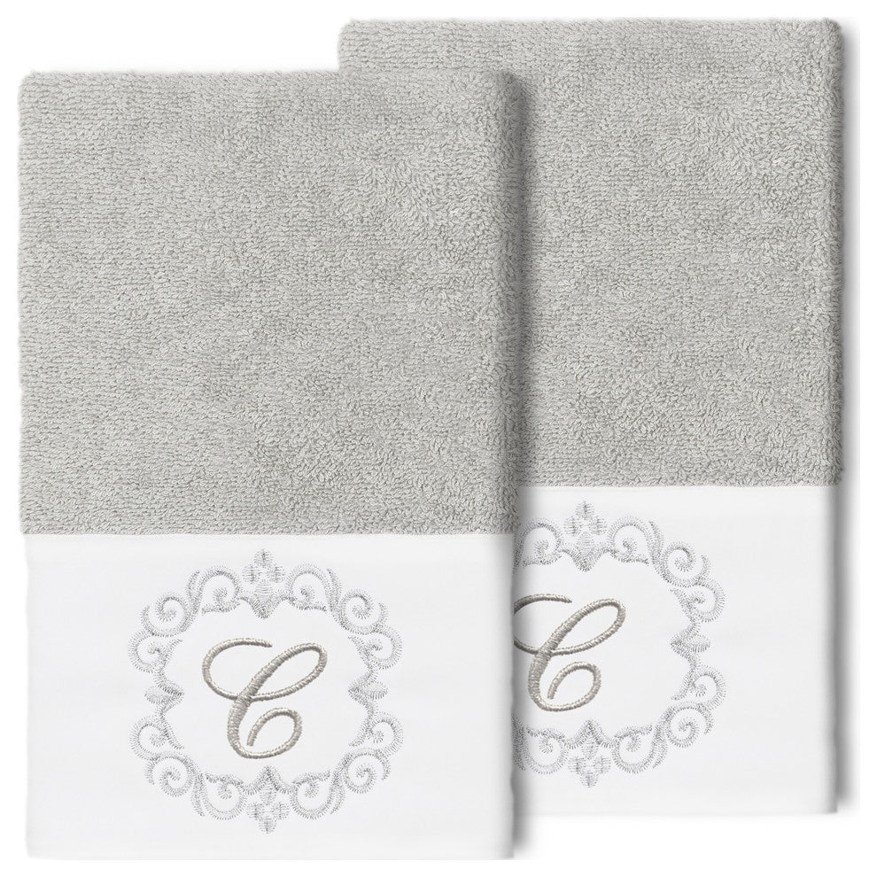 Linum Home Turkish Cotton Monica 2-Piece Embellished Hand Towel Set, Light Gray
