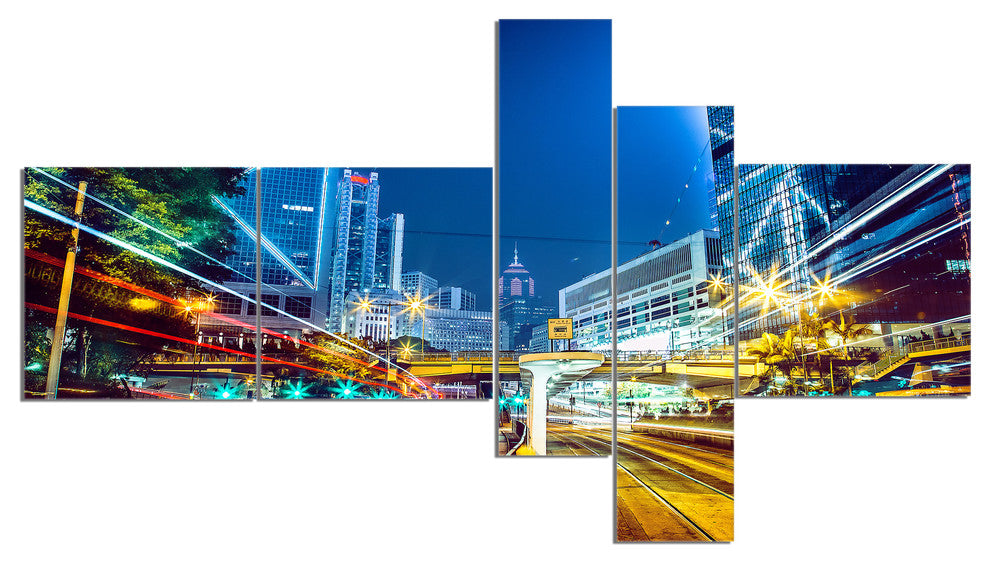 Hong Kong City Night Scene, Cityscape Art Print on Canvas, 60"x32", 5 panels