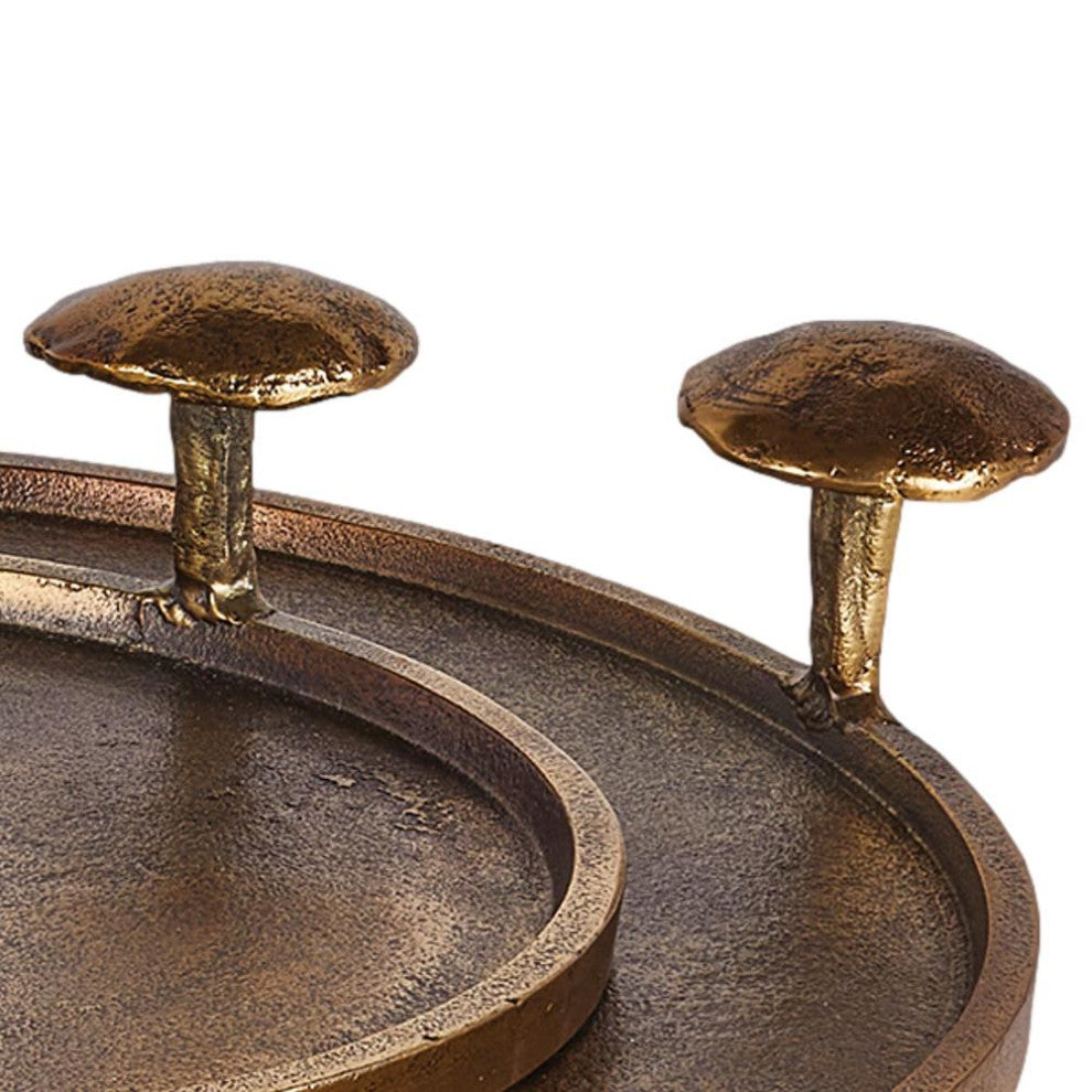 Luxe Modern Abstract Brass Bronze Mushroom Trays Set of 2 Round Woodland Organic