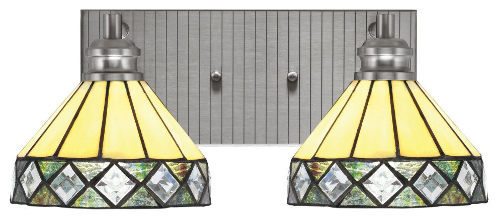 Edge 2-Light Bath Bar, Brushed Nickel Finish, 7" Diamond Peak Art Glass