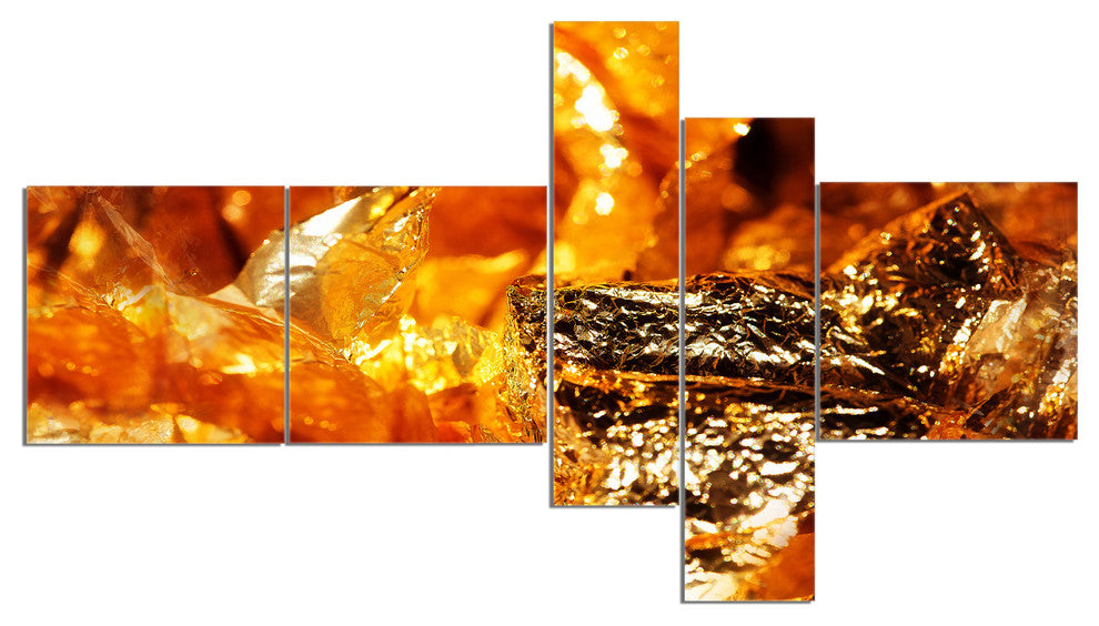 Shiny Orange Gold Foil, Abstract Canvas Art Print, 60"x32", 5 panels