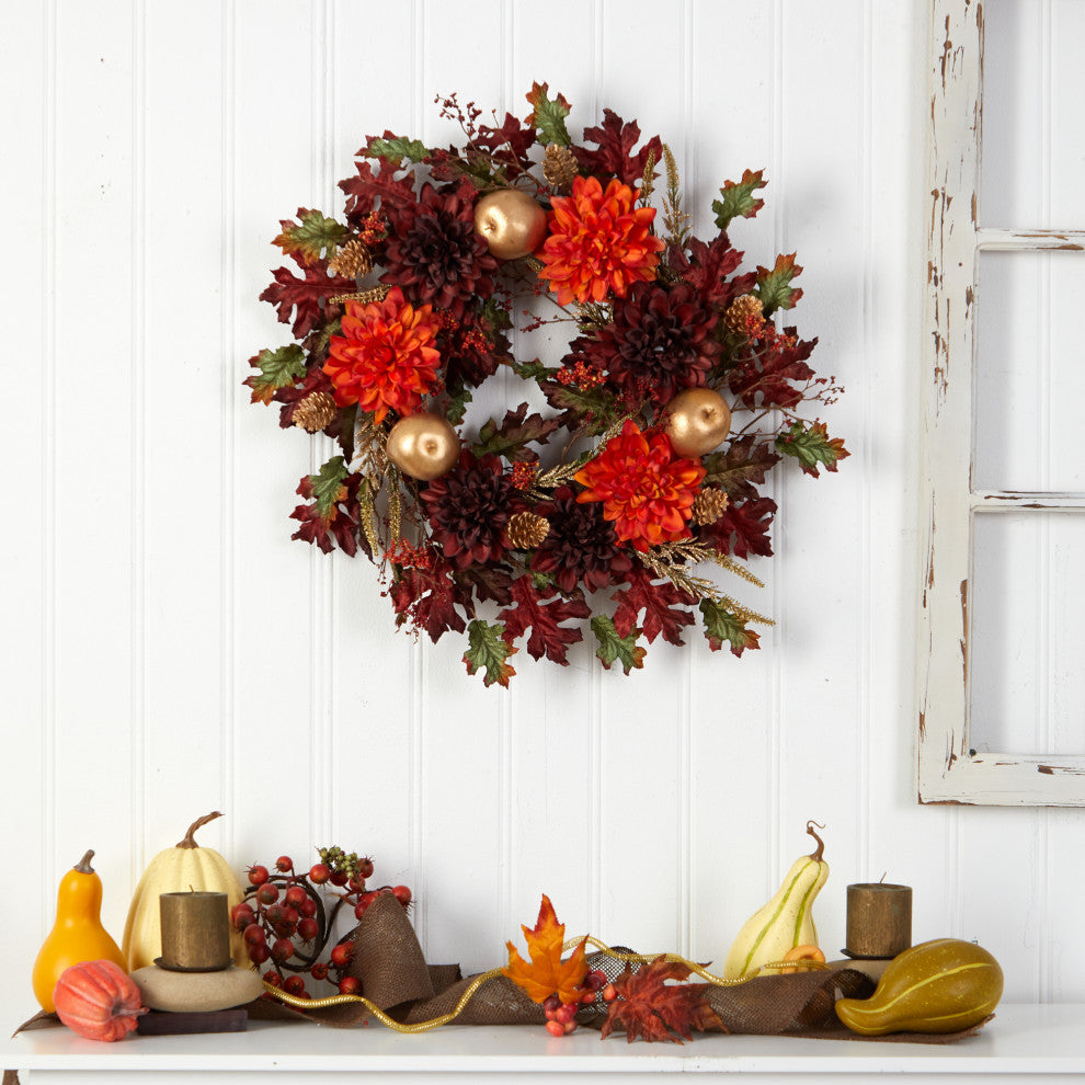 24" Fall Dahlia, Golden Apple, Oak Leaf and Berries Autumn Artificial Wreath