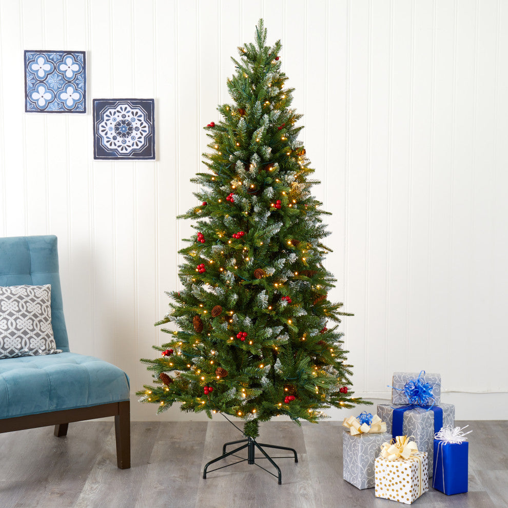 6' Snow Tipped Portland Spruce Faux Xmas Tree W/ Berries & Pinecones W/Lights
