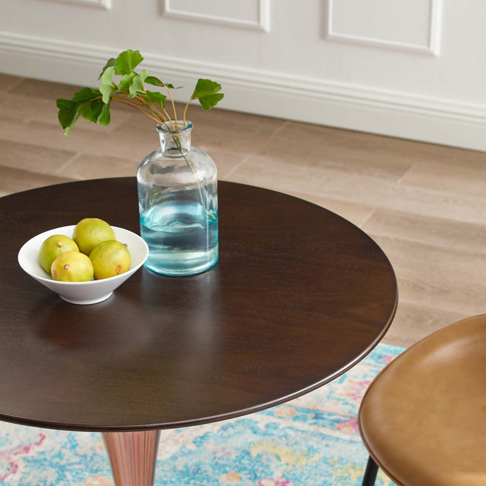 Dining Table, Round, Wood, Rose Gold Dark Brown Brown Walnut, Modern, Bistro