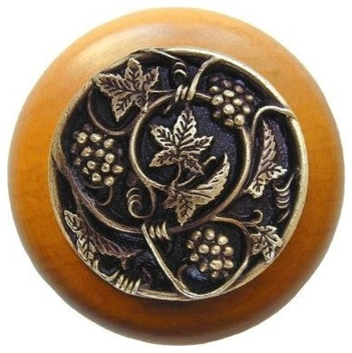 Grapevines Wood Knob, Antique Brass, Maple Wood Finish, Antique Brass