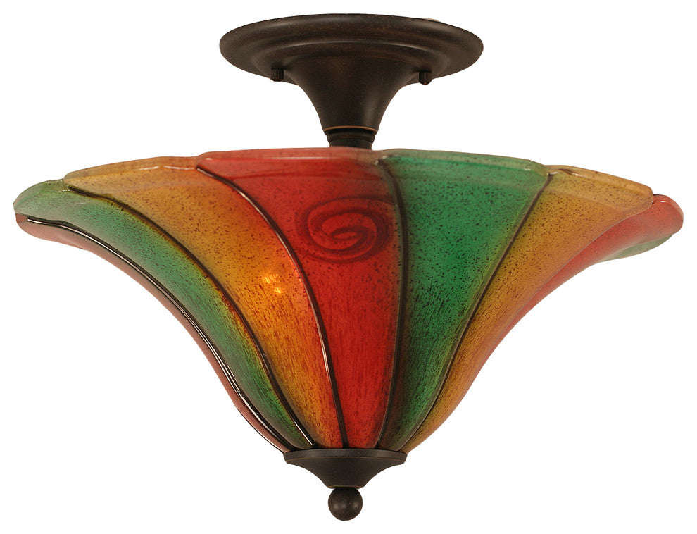 Semi-Flush With 2 Bulbs, 16" Mardi Gras Glass