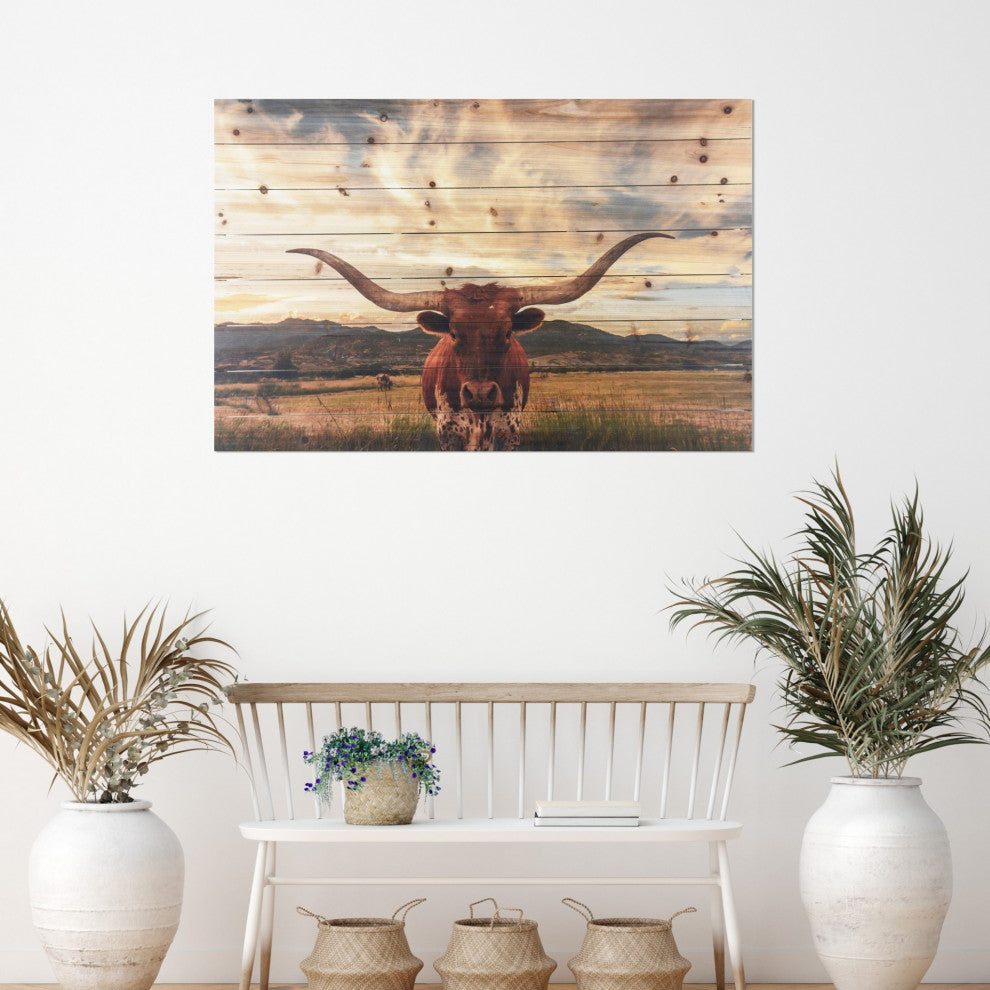 Longhorn Cow, Field Wood Plank Wall Art