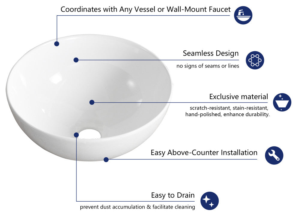 White Round Bowl Bathroom Vessel Modern Above Counter Porcelain Ceramic Sink