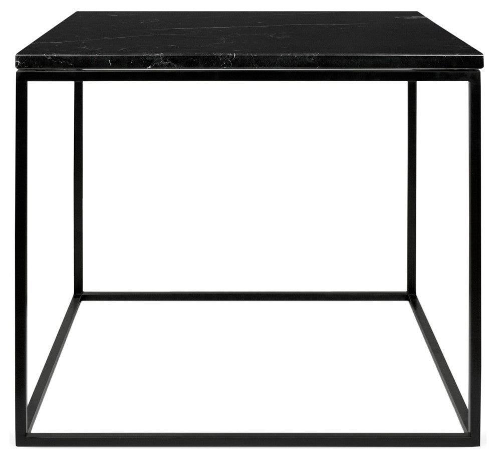 Minimal Modern Cube Marble Top Side Table, Black Marble/Black Base