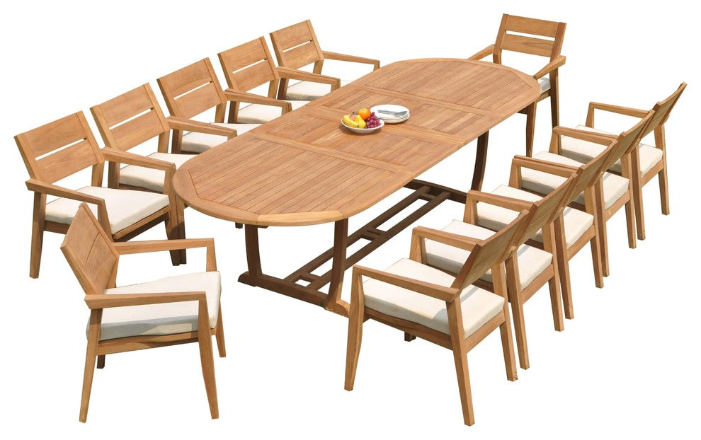13-Piece Outdoor Teak Dining: 117" Masc Oval Table, 12 Celo Stacking Arm Chairs