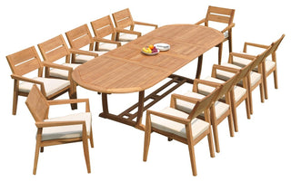 13-Piece Outdoor Teak Dining: 117" Masc Oval Table, 12 Celo Stacking Arm Chairs